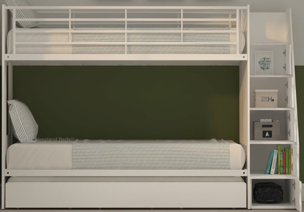 White trundle underneath the bunkbeds