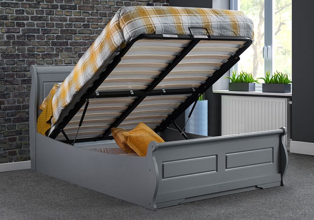 Robin Duvall Grey Wooden Ottoman Bed, Grey Wood King Bed Frame With Storage
