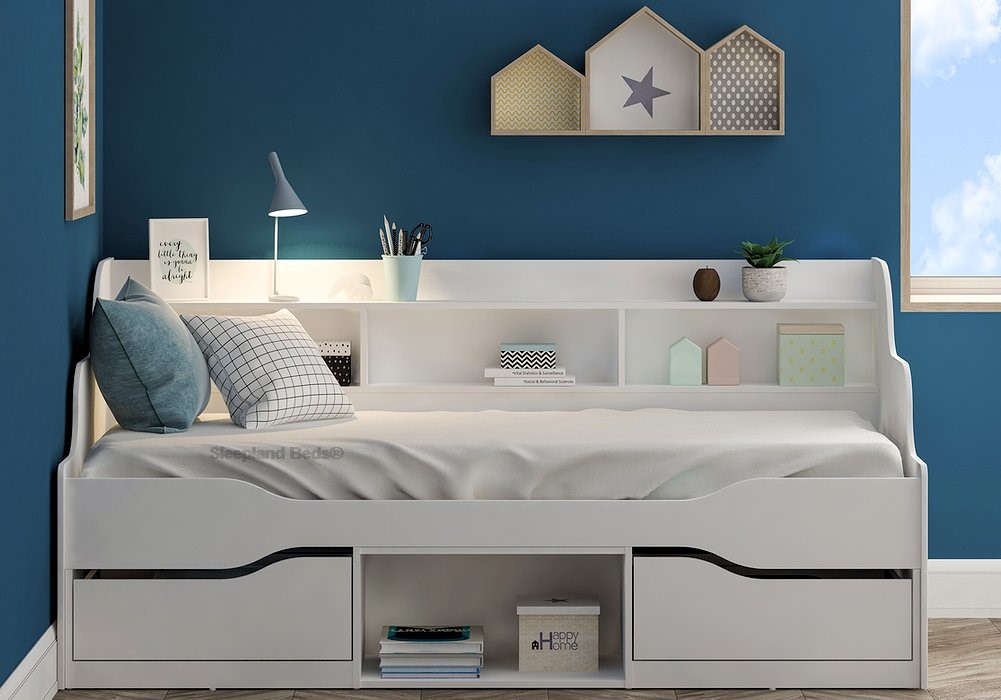 White daybed with storage and shelves