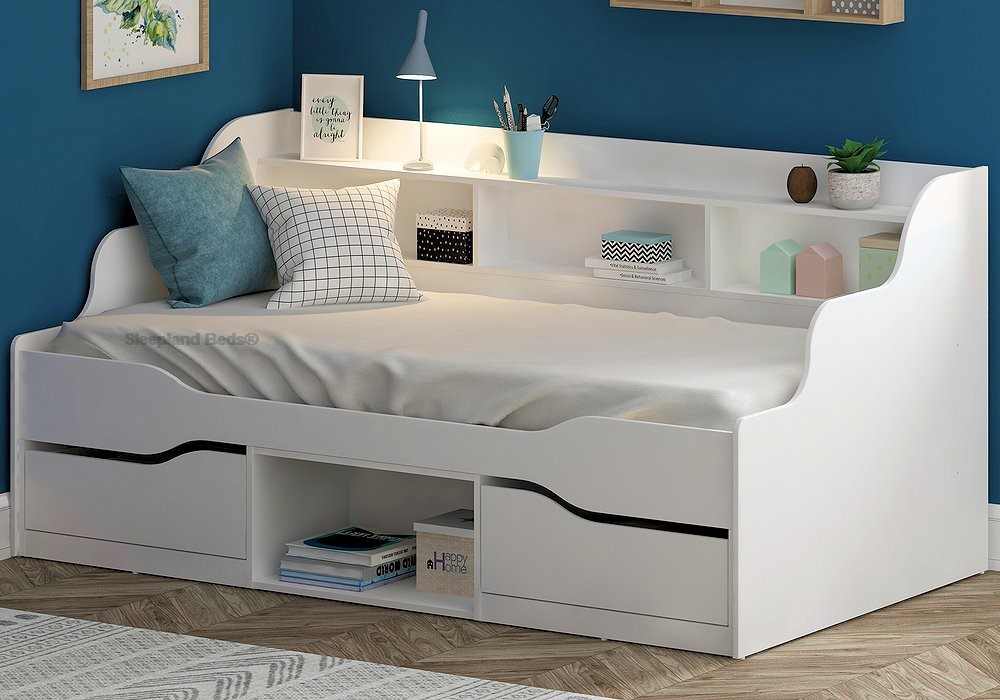White Wooden childrens bed with drawers and shelves