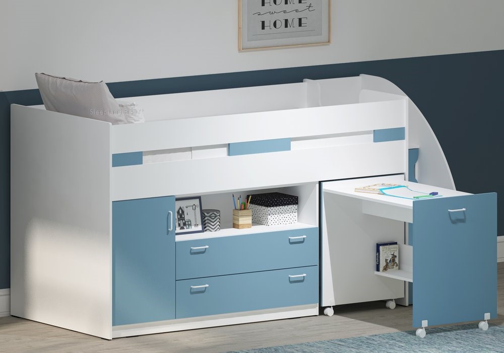 Light Blue Mid Sleeper Cabin Bed Storage Cupboards