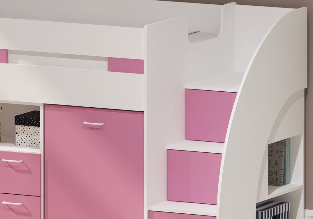 Pink Mid Sleeper Cabin Bed With Storage Steps