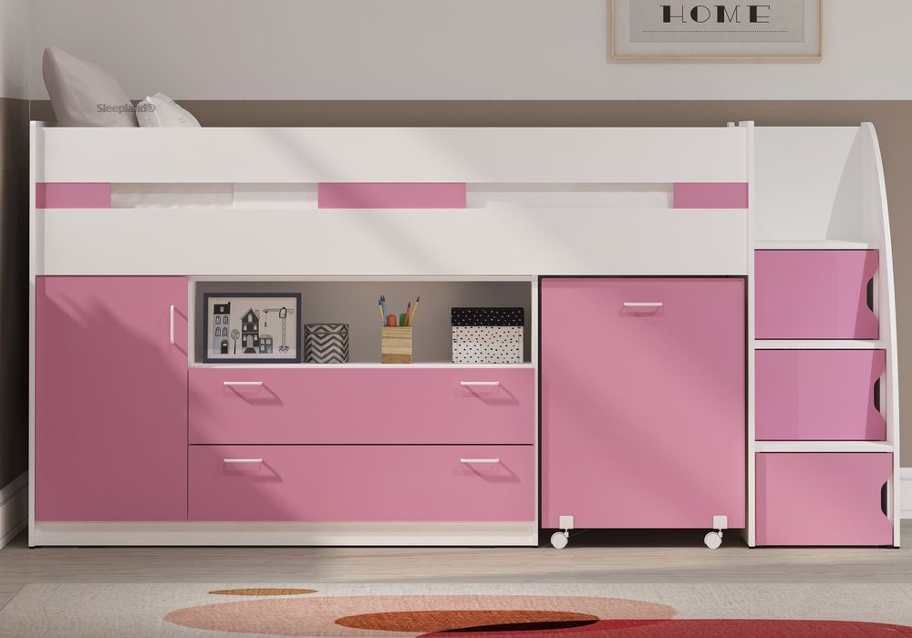 Pink Mid Sleeper Cabin Bed With Storage Steps
