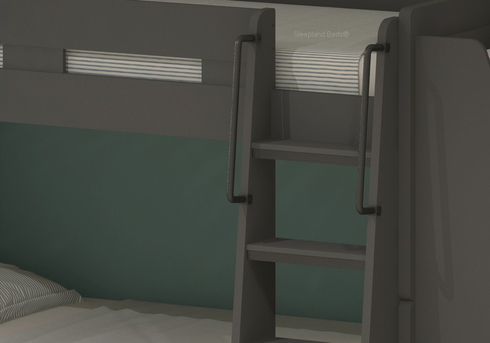 Grey bunk beds with trundle and desk