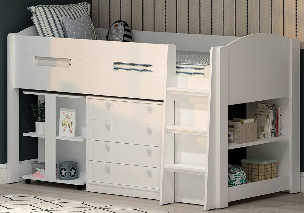 White mid sleeper cabin beds with desk and storage