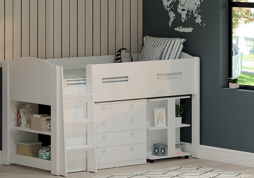 White mid sleeper cabin beds with desk and storage