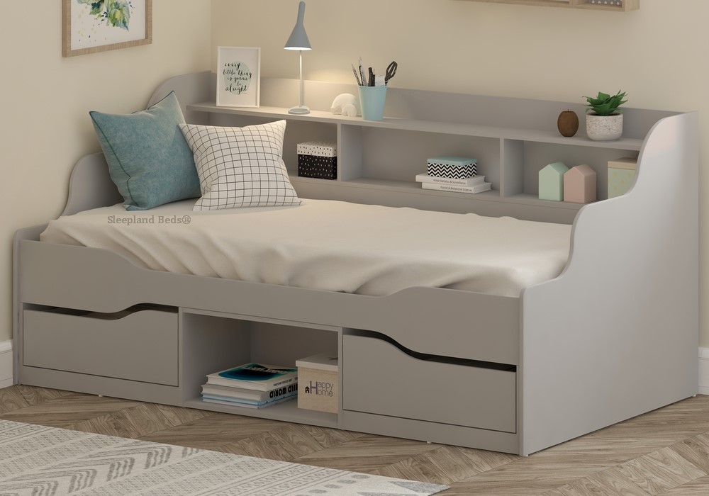Wooden childrens bed with drawers and shelves