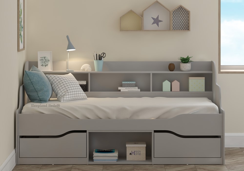 Grey daybed with storage and shelves