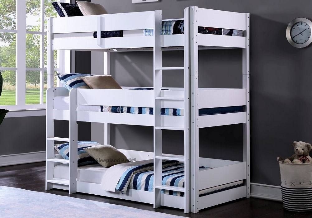 White wooden three tier bunk beds
