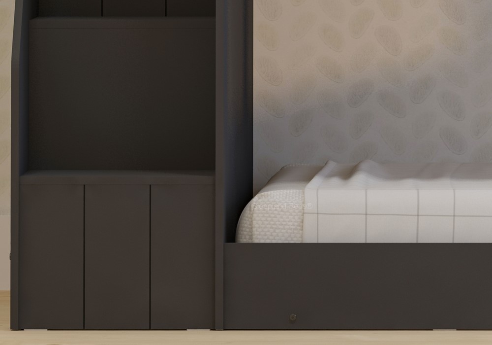 Dark grey shorter bunkbeds with stairs