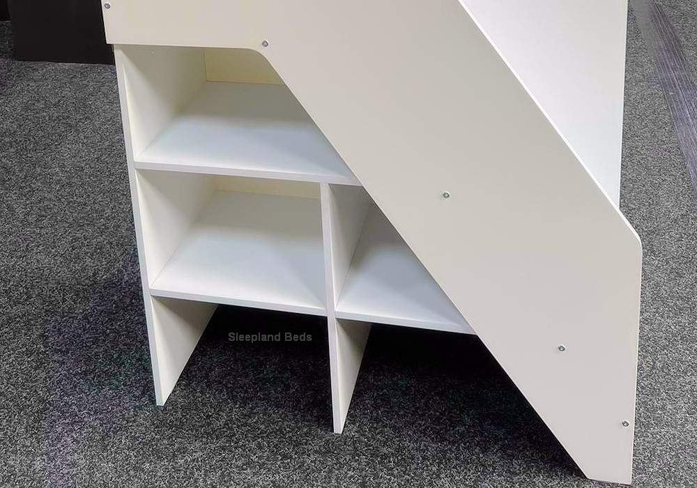White short kids bunkbeds with shelves