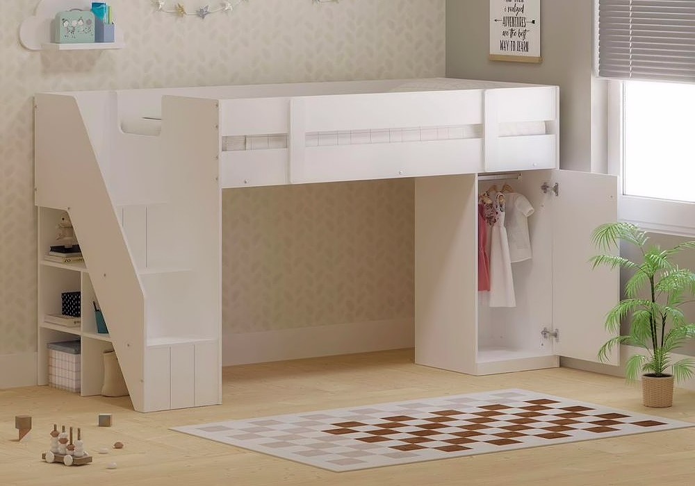 Childrens mid sleeper with stairs and wardrobe open