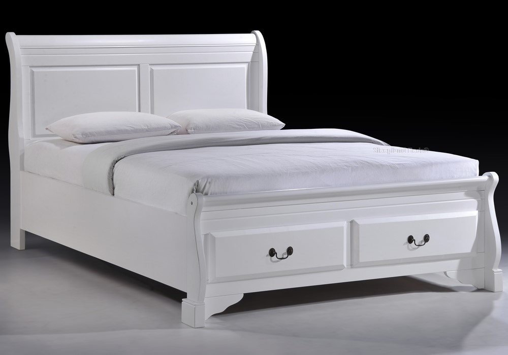 White sleigh beds with storage drawers at footend
