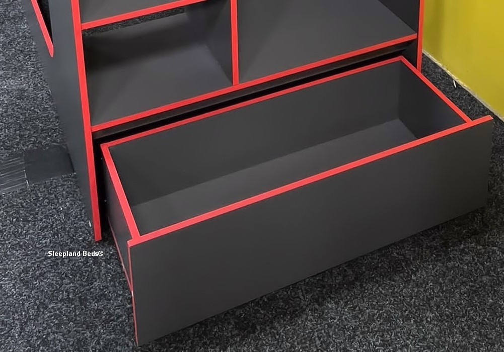 Bed for gamers with desk underneath and wardrobe and storage
