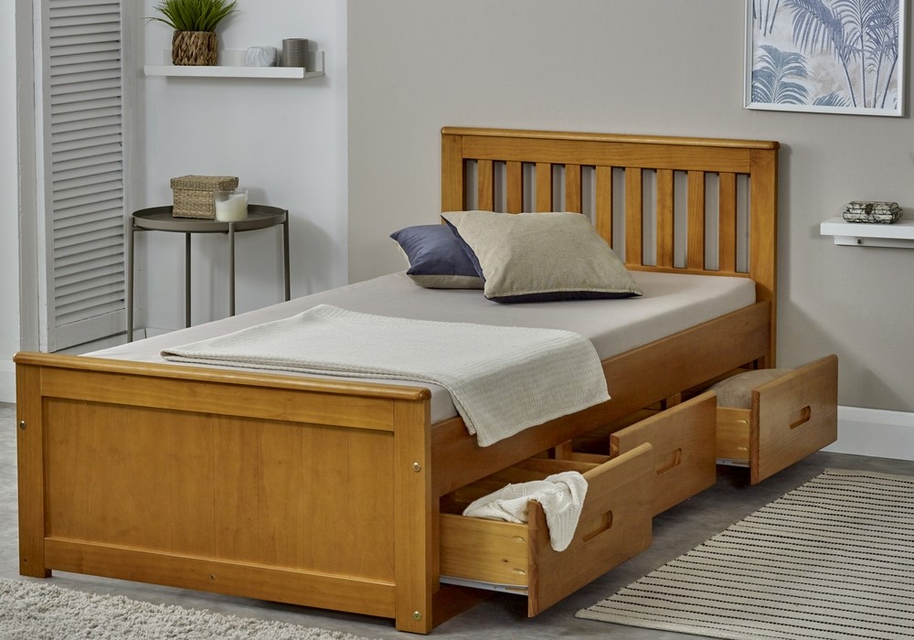 Single Mission bed frame in honey with storage drawers