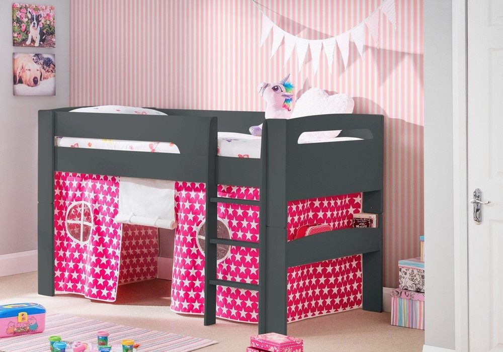 Planet Pluto Anthracite Midsleeper Bed With Girls Pink Tents