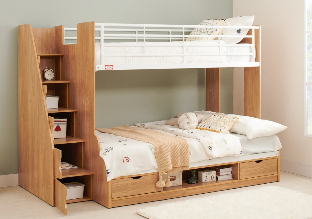 Triple staircase bunk bed in oak with storage in the stair steps