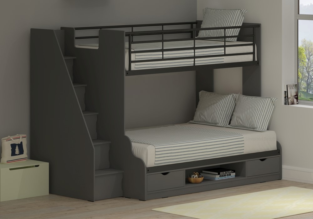 Trio Single And Small Double Grey Staircase Bunk Beds