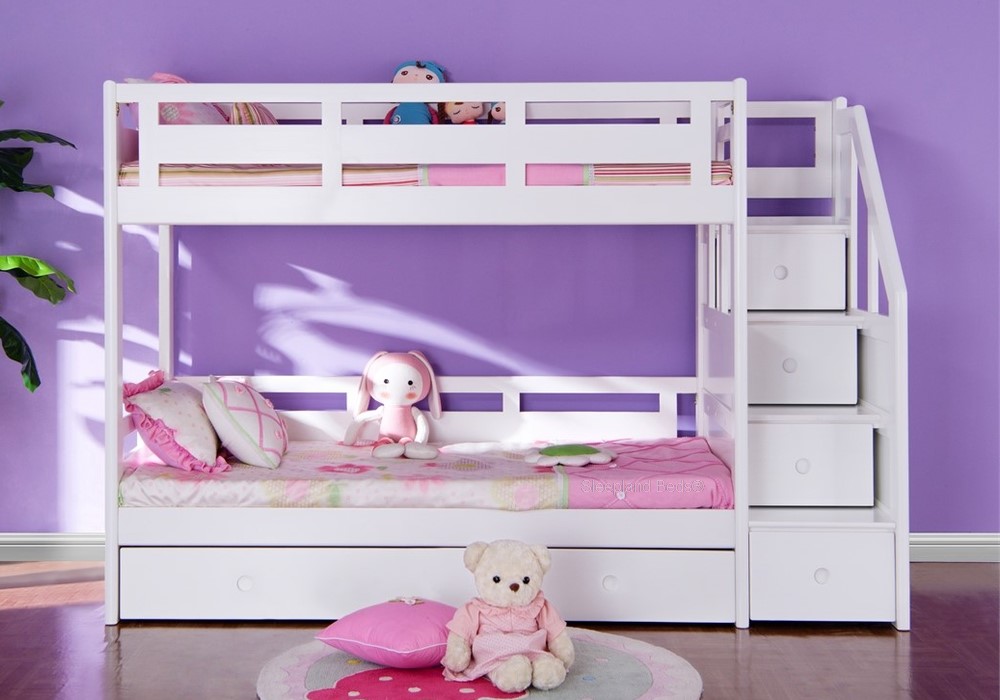 White Bunk Bed With Stair Case Storage Steps