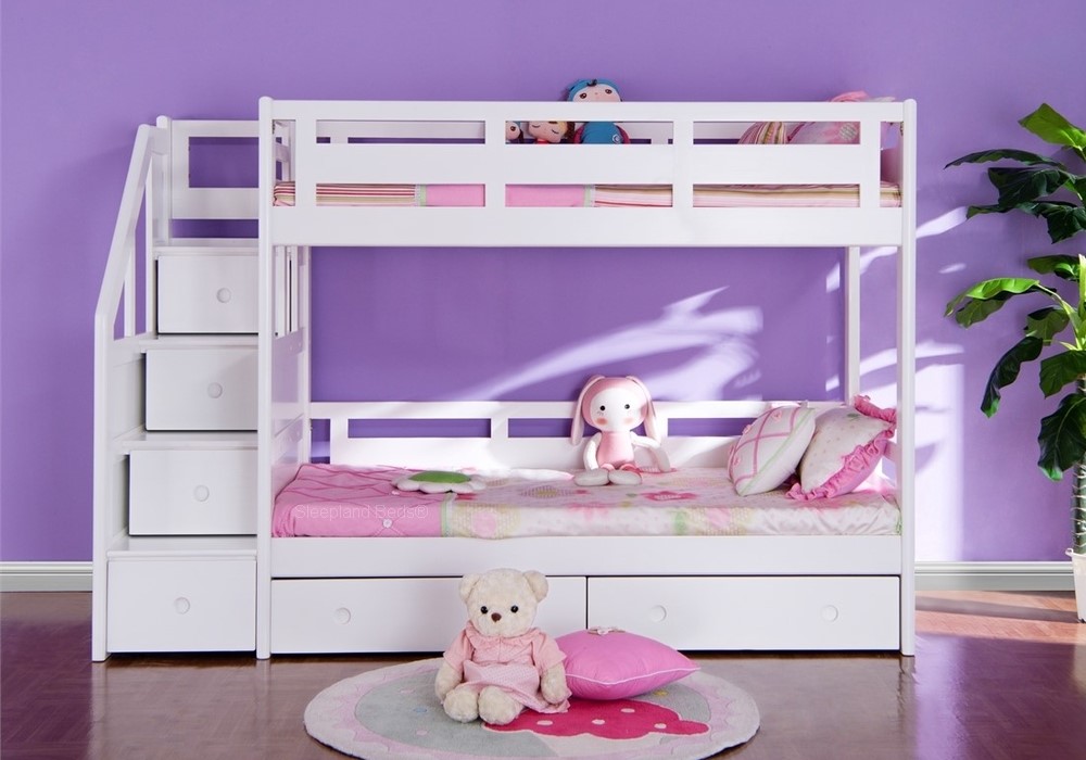 White Bunk Bed With Stair Case Storage Steps