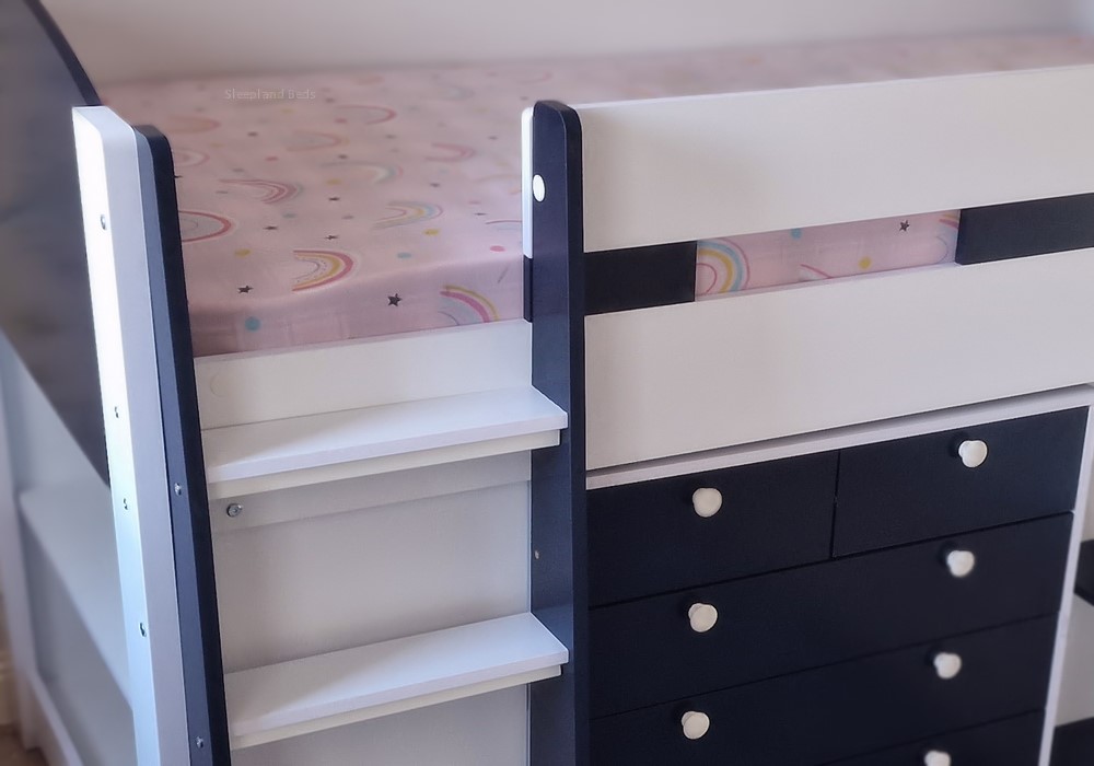 Blue Mid Sleeper Bed With Drawers For Kids