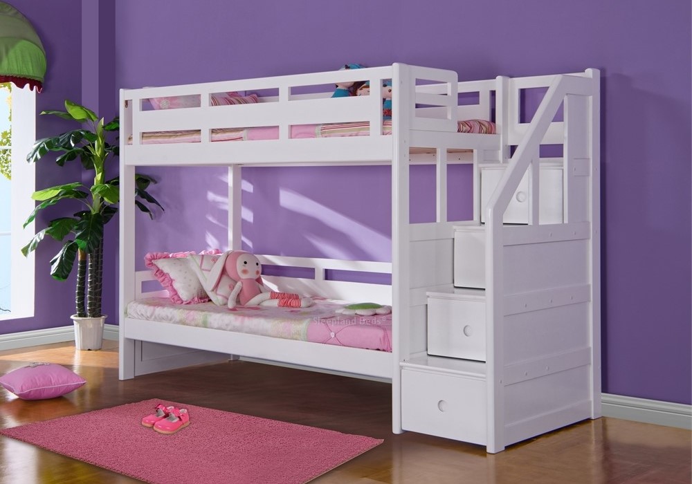 White Bunk Bed With Stair Case Storage Steps Made With Solid Pine Wood