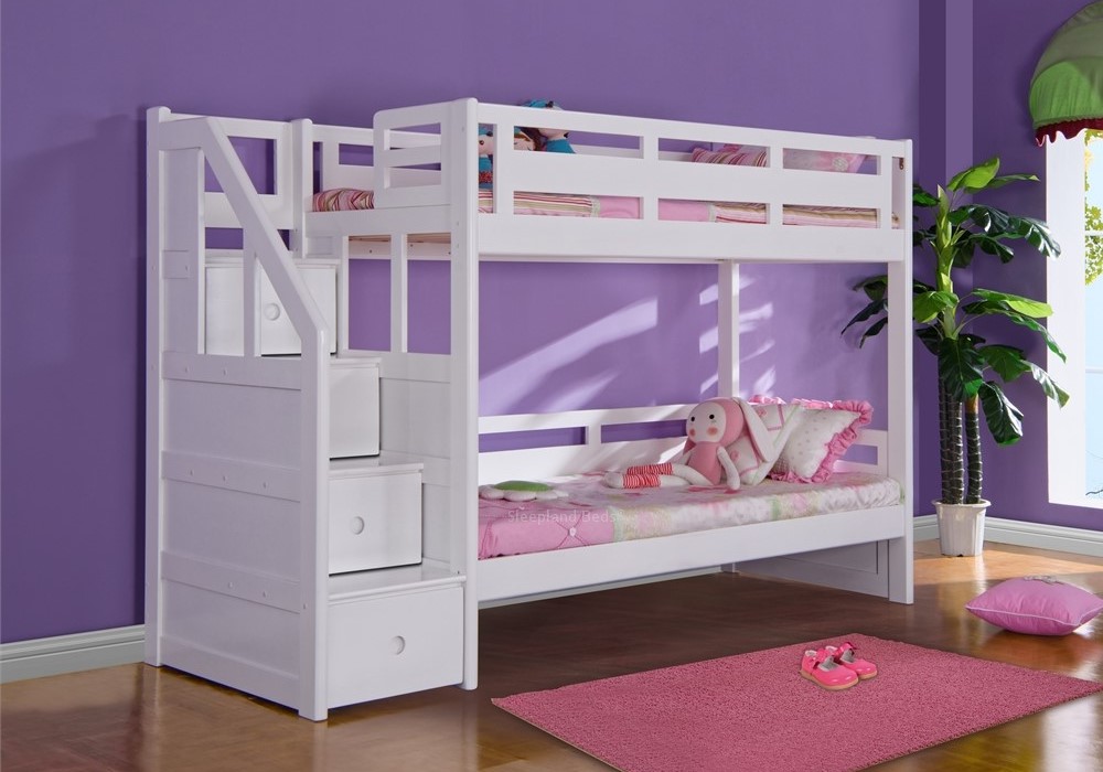 White Solid Wood Staircase Bunk Bed For Kids or Adults