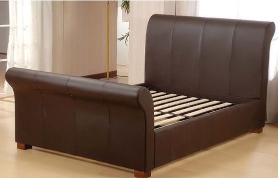 5ft Kingsize Faux Leather Sleigh Bed, King Size Sleigh Bed With Leather Headboard