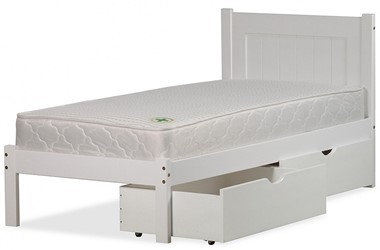 Single white wooden bed frame with storage drawers underneath